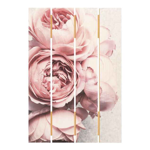 Holzbild - Rosa Pfingstrosenblüten Shabby Pastell - Hochformat 3:2