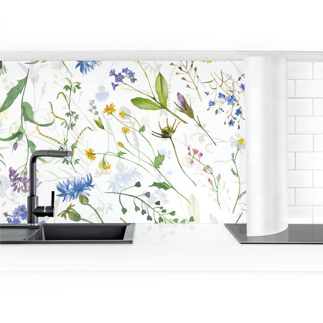 Küchenrückwand selbstklebend Blumenwiese als Aquarell