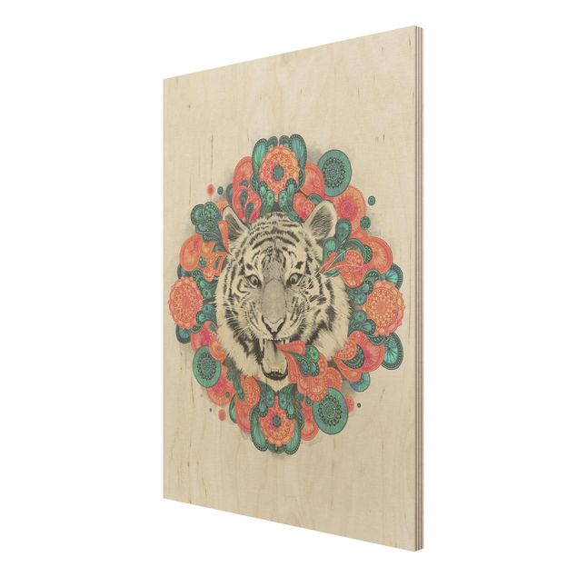 Holzbild - Illustration Tiger Zeichnung Mandala Paisley - Hochformat 4:3