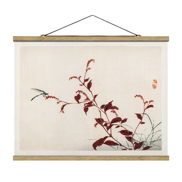 Stoffbild mit Posterleisten - Asiatische Vintage Zeichnung Roter Zweig mit Libelle - Querformat 4:3