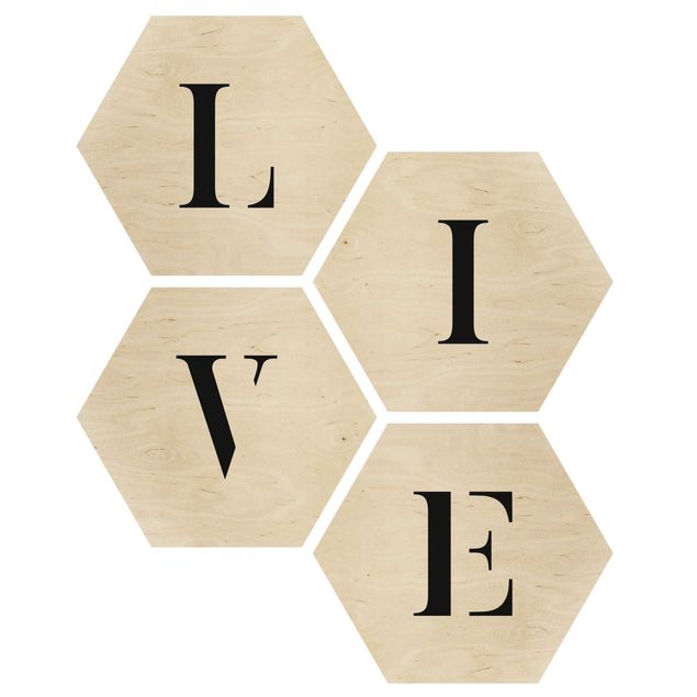 Hexagon Bild Holz 4-teilig - Buchstaben LIVE Schwarz Set II