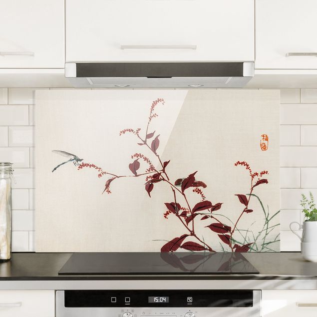 Glasrückwand Küche Blumen Asiatische Vintage Zeichnung Roter Zweig mit Libelle