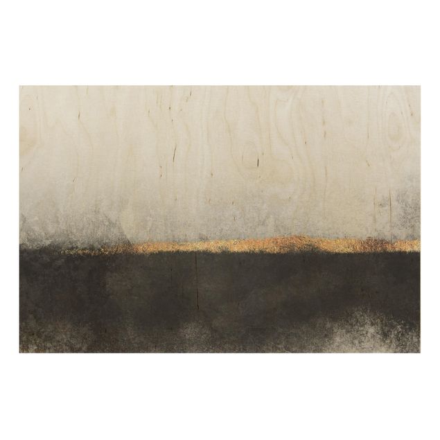 Wandbild Holz Abstrakter Goldener Horizont Schwarz Weiß