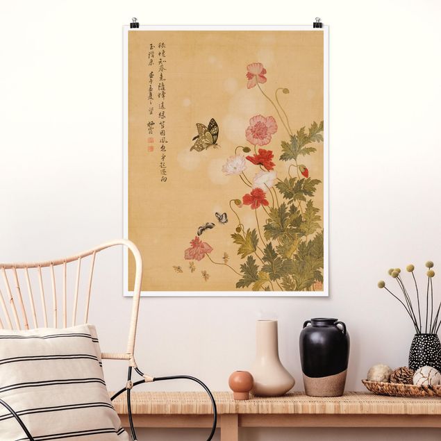 Poster Mohnblumen Yuanyu Ma - Mohnblumen und Schmetterlinge