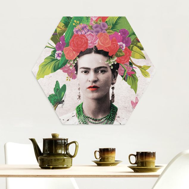 Hexagon Bild Alu-Dibond - Frida Kahlo - Blumenportrait