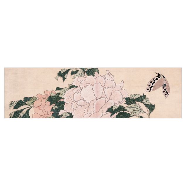 Küchenrückwand Motiv Katsushika Hokusai - Rosa Pfingstrosen mit Schmetterling