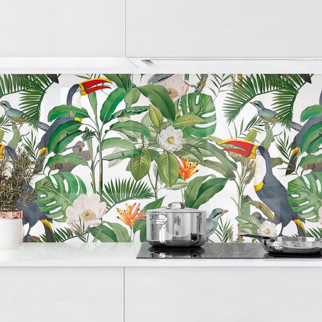 Platte Küchenrückwand Tropischer Tukan mit Monstera und Palmenblättern