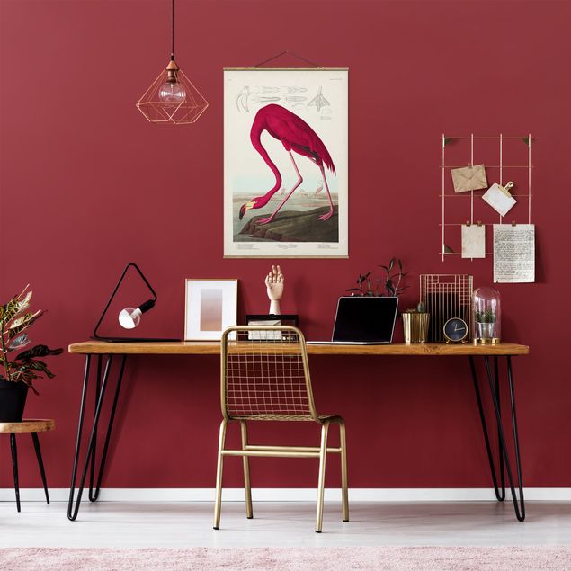 Stoffbild mit Posterleisten - Vintage Lehrtafel Amerikanischer Flamingo - Hochformat 2:3
