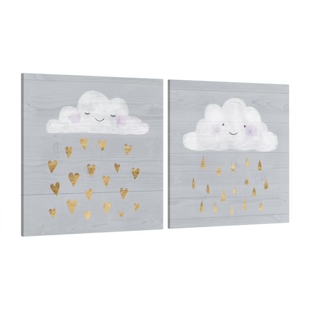 Leinwandbild 2-teilig - Wolken mit goldenen Herzen und Tropfen Set I - Quadrate 1:1