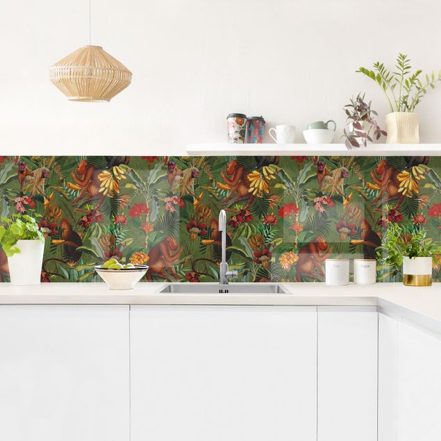 Wandpaneele Küche Tropische Blumen mit Affen I