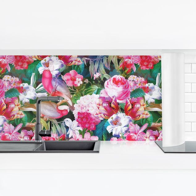 Küchenrückwand - Bunte Tropische Blumen mit Vögeln Pink