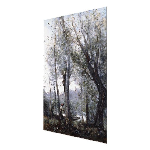 Glasbild - Kunstdruck Jean-Baptiste Camille Corot - Ein Flussschiffer fährt hinter Bäumen vorbei - Hoch 3:4