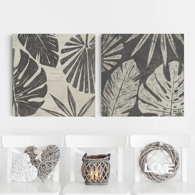 moderne Leinwandbilder Palmenblätter vor Dunkelgrau Set I