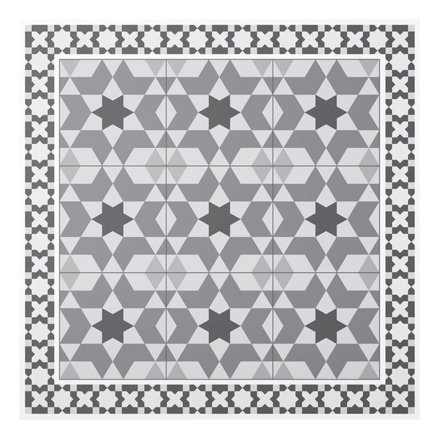 Spritzschutz Glas - Geometrische Fliesen Kaleidoskop Grau mit Bordüre - Quadrat 1:1