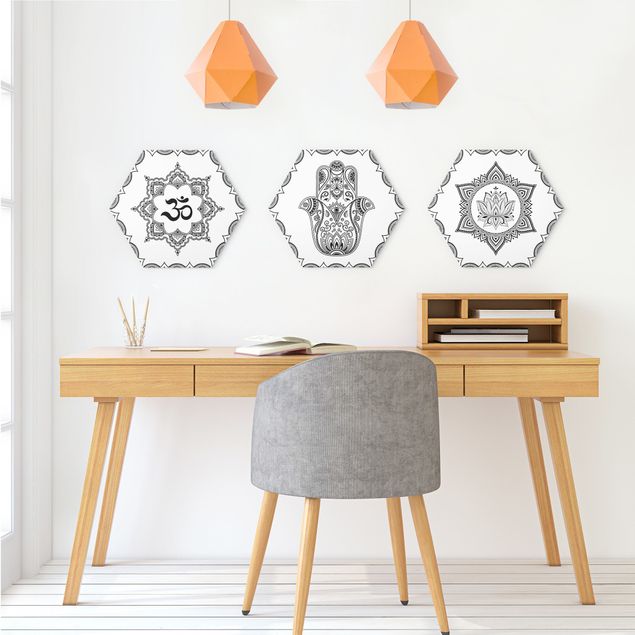 Hexagon Bilder Hamsa Hand Lotus OM Illustration Set Schwarz Weiß