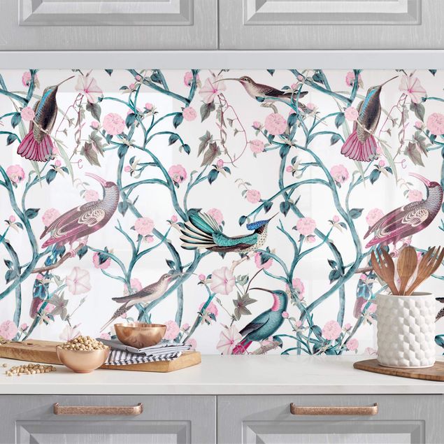 Platte Küchenrückwand Rosa Blumenranken mit Vögeln in Blau II