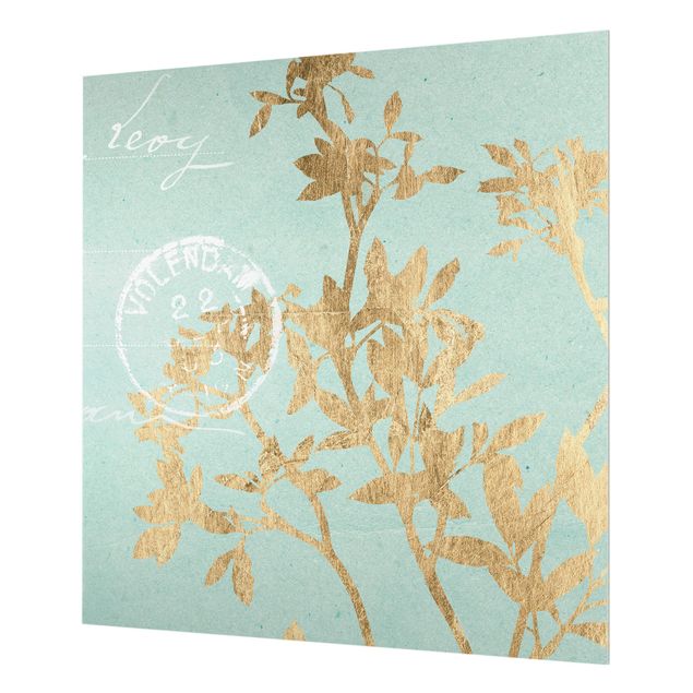 Glas Spritzschutz - Goldene Blätter auf Turquoise II - Quadrat - 1:1