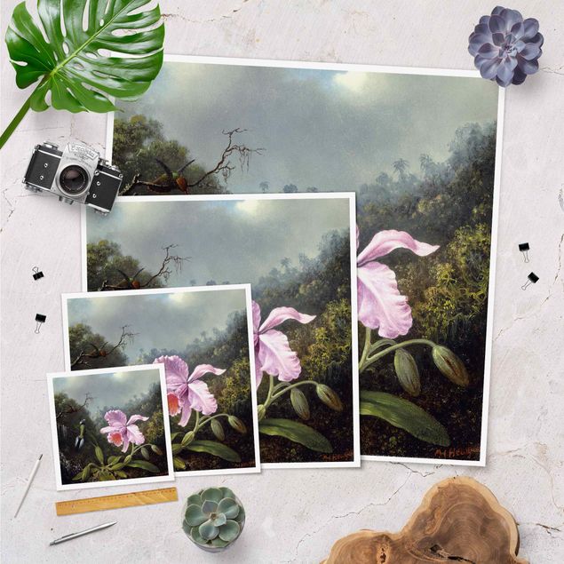 Poster - Martin Johnson Heade - Stillleben mit Orchidee und zwei Kolibris - Quadrat 1:1
