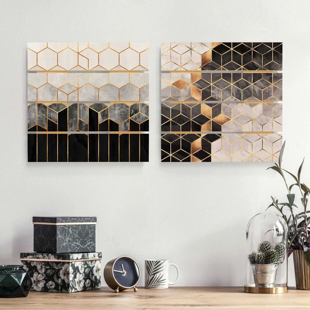 Holzbilder Muster Goldene Geometrie Aquarell Set