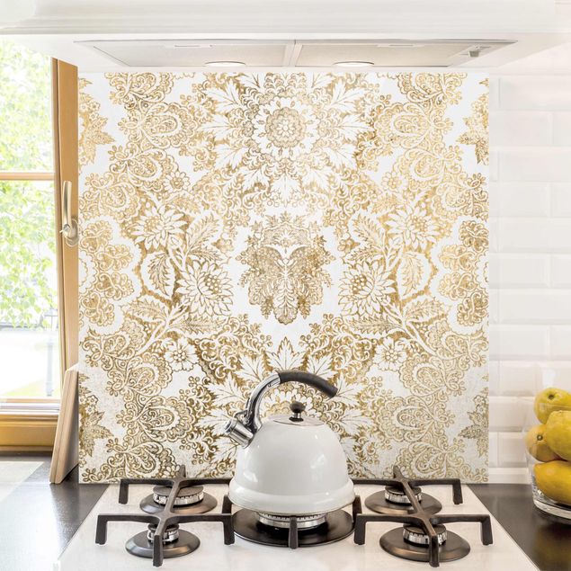 Glasrückwand Küche Muster Antike Barocktapete in Gold