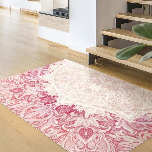 Moderner Teppich Mandala Aquarell Ornament Halbkreis beige pink