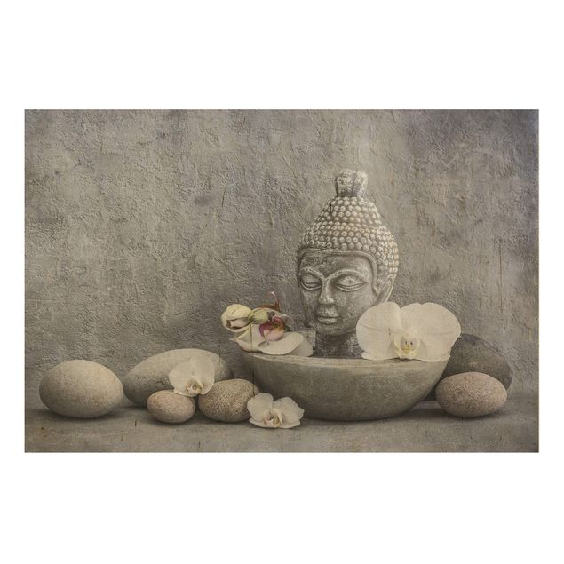 Holzbild - Zen Buddha, Orchideen und Steine - Querformat 2:3