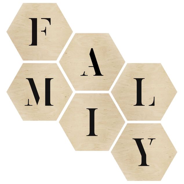 Hexagon Bild Holz 6-teilig - Buchstaben FAMILY Schwarz Set II