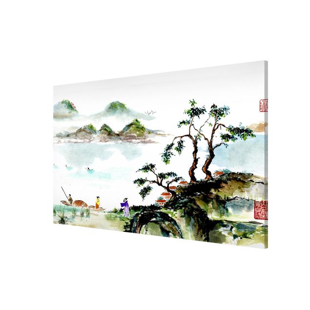 Magnettafel Motiv Japanische Aquarell Zeichnung See und Berge