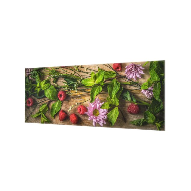 Spritzschutz Glas - Blumen Himbeeren Minze - Panorama - 5:2
