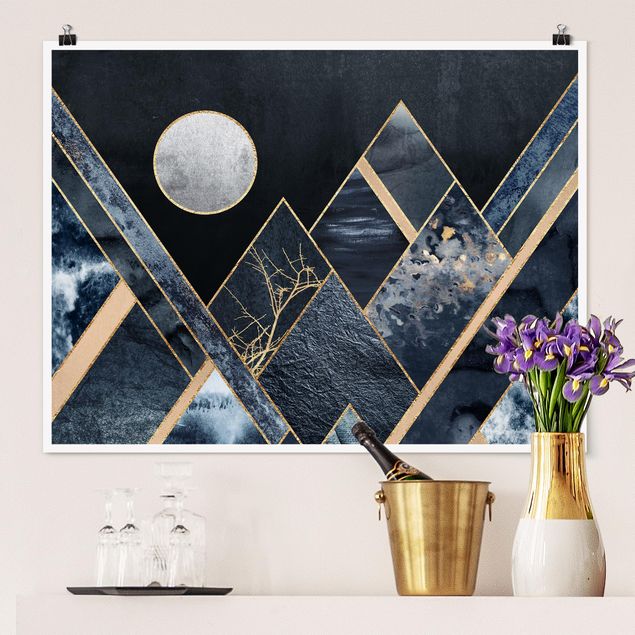 Poster abstrakte Kunst Goldener Mond abstrakte schwarze Berge
