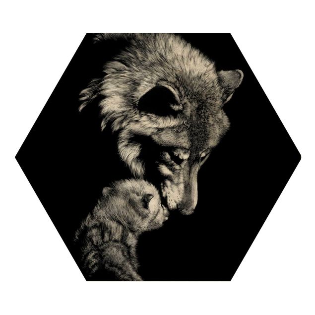 Hexagon Bild Holz - Wolf vor Schwarz