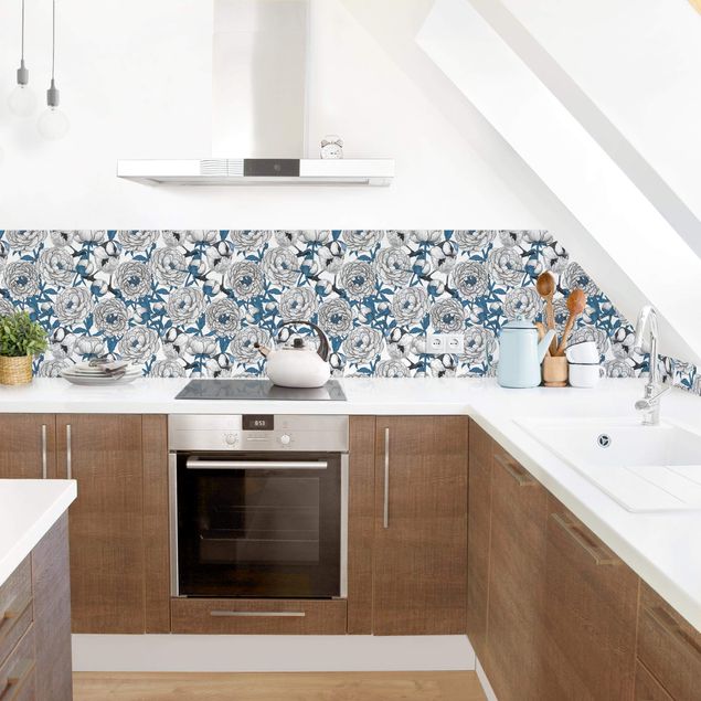 Küchenspiegel Pfingstrosen und Meisen in Weiß und Blau