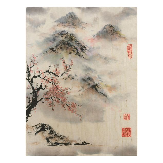 Holzbilder Natur Japanische Aquarell Zeichnung Kirschbaum und Berge