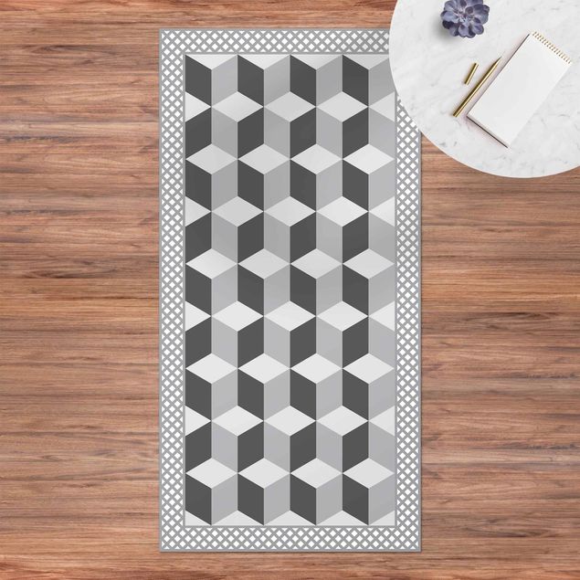 Teppich Outdoor Geometrische Fliesen Stufenillusion in Grau mit Bordüre