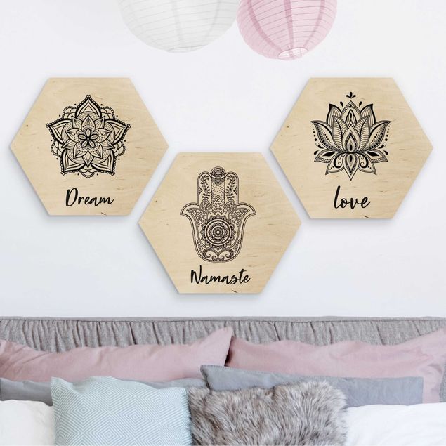 Holzbilder Muster Mandala Namaste Lotus Set Schwarz Weiß