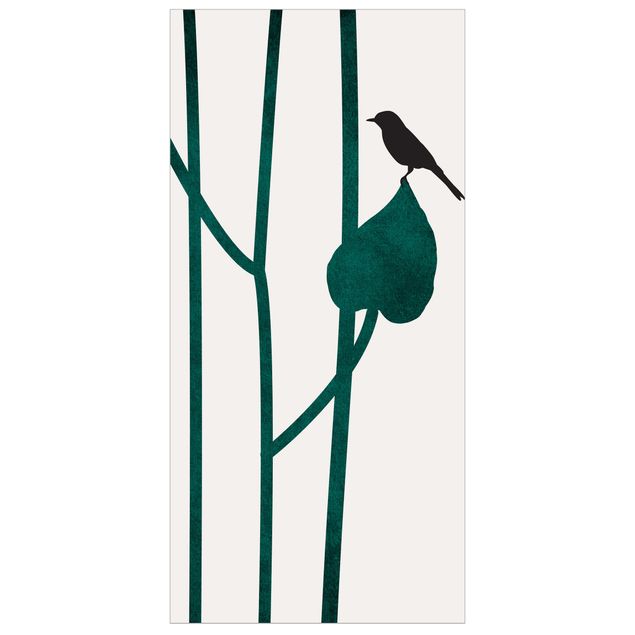 Raumteiler - Grafische Pflanzenwelt - Vogel auf Blatt - 250x120cm