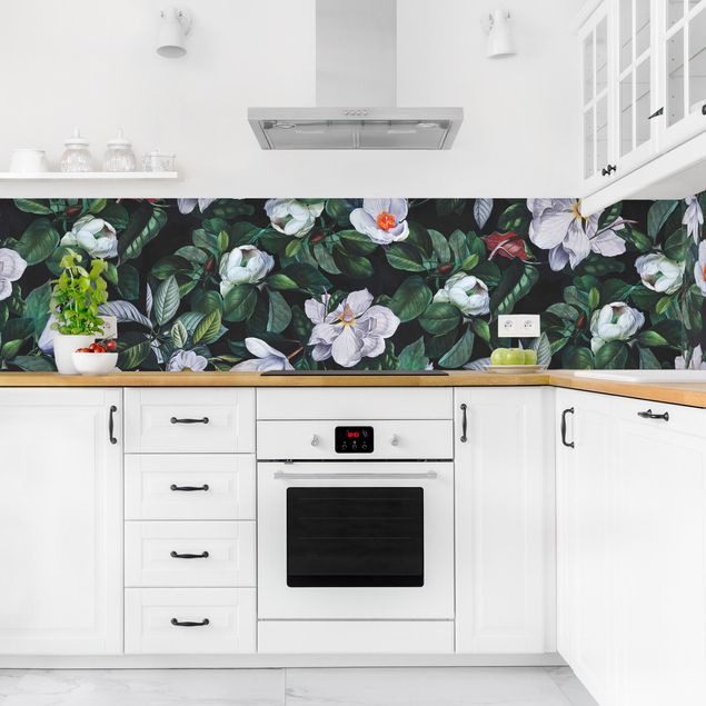 Wandpaneele Küche Tropische Nacht mit weißen Blumen