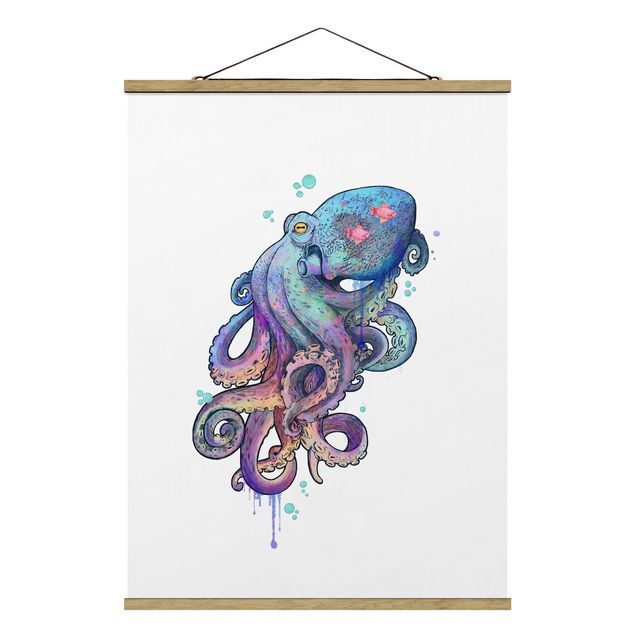 Stoffbild mit Posterleisten - Laura Graves - Illustration Oktopus Violett Türkis Malerei - Hochformat 3:4