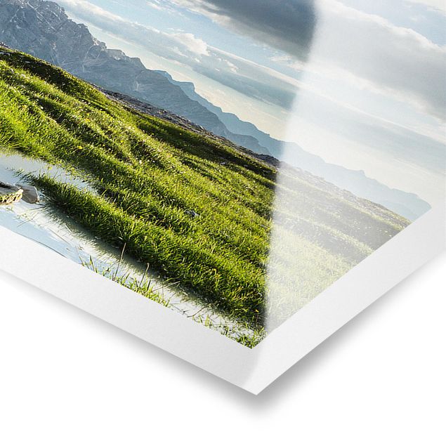 Poster - Südtiroler Zinnen und Wasserspiegelung - Panorama Querformat