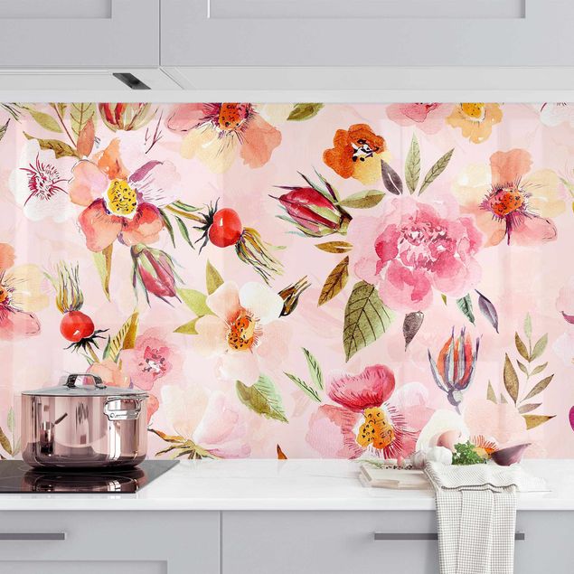 Platte Küchenrückwand Aquarellierte Blumen auf Rosa