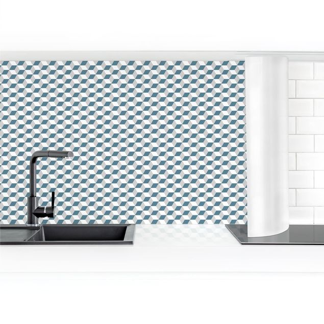 Küchenrückwand selbstklebend Geometrischer Fliesenmix Würfel Blaugrau