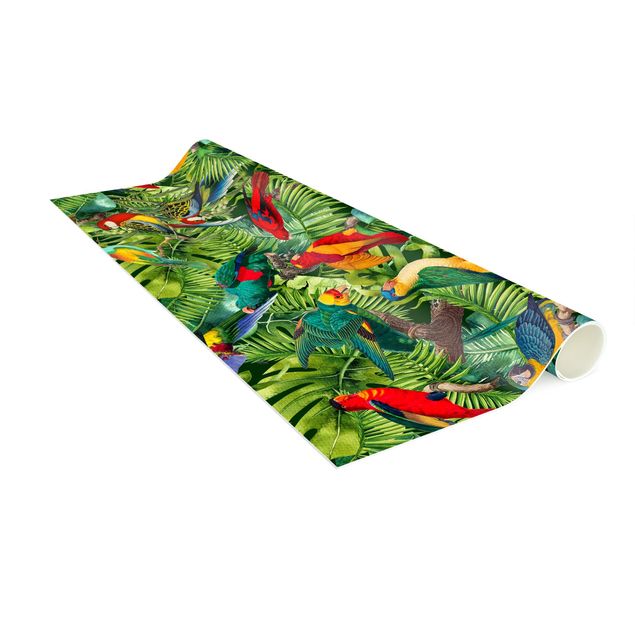 teppich mit blumenmuster Bunte Collage - Papageien im Dschungel