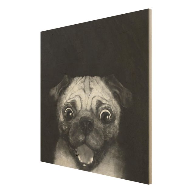 Holzbild - Illustration Hund Mops Malerei auf Schwarz Weiß - Quadrat 1:1