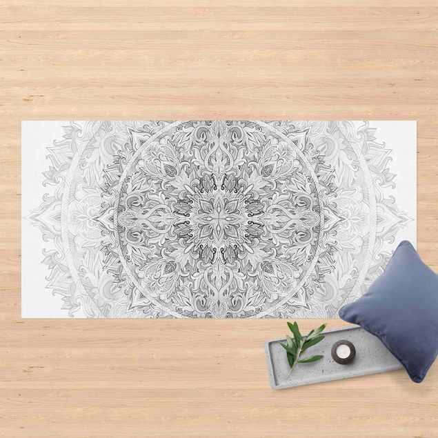 Vinyl-Teppich - Mandala Aquarell Ornament Muster schwarz weiß - Querformat 2:1