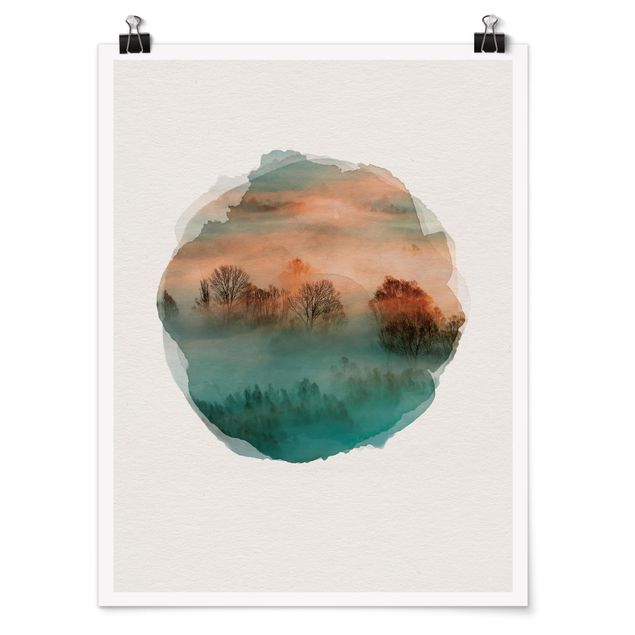 Poster - Wasserfarben - Nebel bei Sonnenaufgang - Hochformat 4:3