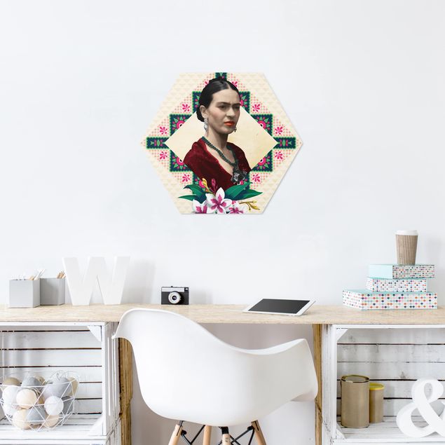 Hexagon Wandbild Frida Kahlo - Blumen und Geometrie