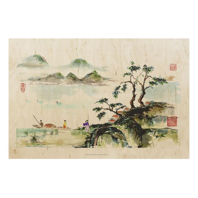 Holzbilder Vintage Japanische Aquarell Zeichnung See und Berge
