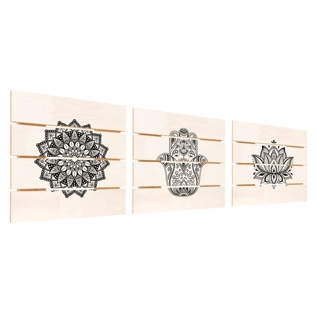 Holzbild 3-teilig - Mandala Hamsa Hand Lotus Set auf Weiß - Quadrate 1:1