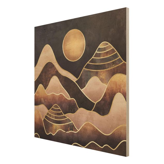 Holzbilder Muster Goldene Sonne abstrakte Berge