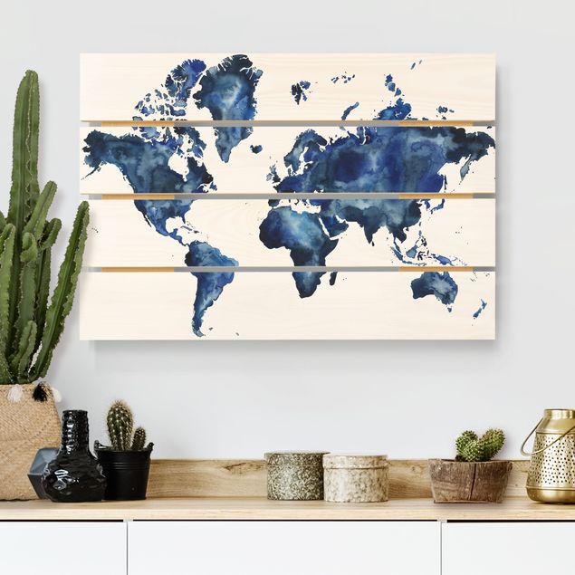Holzbild Weltkarte Wasser-Weltkarte hell